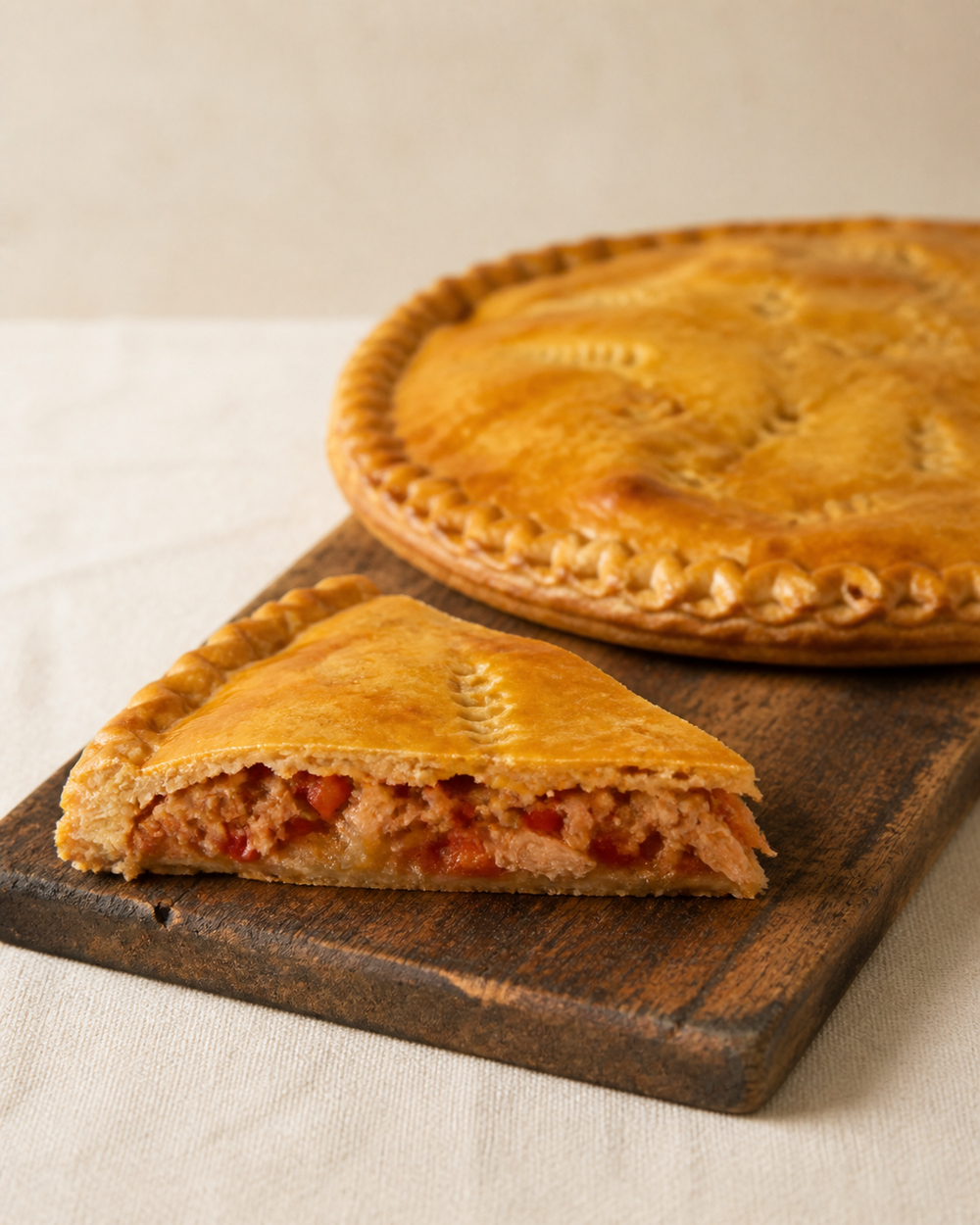 Empanada gallega de atún recién cortada