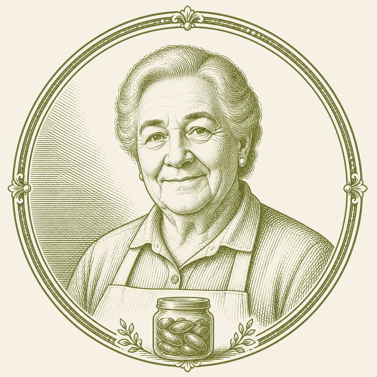 Retrato ilustrado estilo grabado de la Abuela Chon con sus mejillones