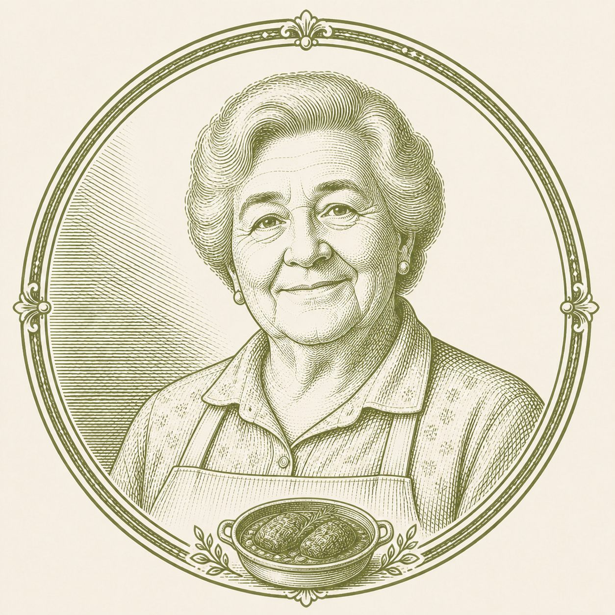 Retrato ilustrado estilo grabado de la Abuela Espe con sus carrilleras