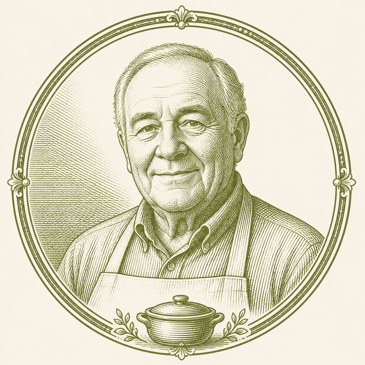 Retrato ilustrado estilo grabado del Abuelo Paquito con su cazuela